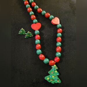 Wooden Beaded Christmas Tree necklace with matching earrings